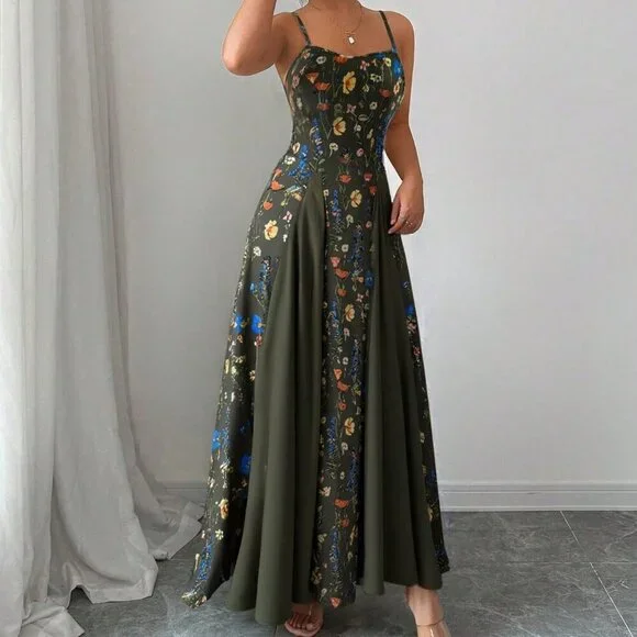 Army Green Boho Women's Elegant Floral Sleeveless Dress - Picture 4 of 5